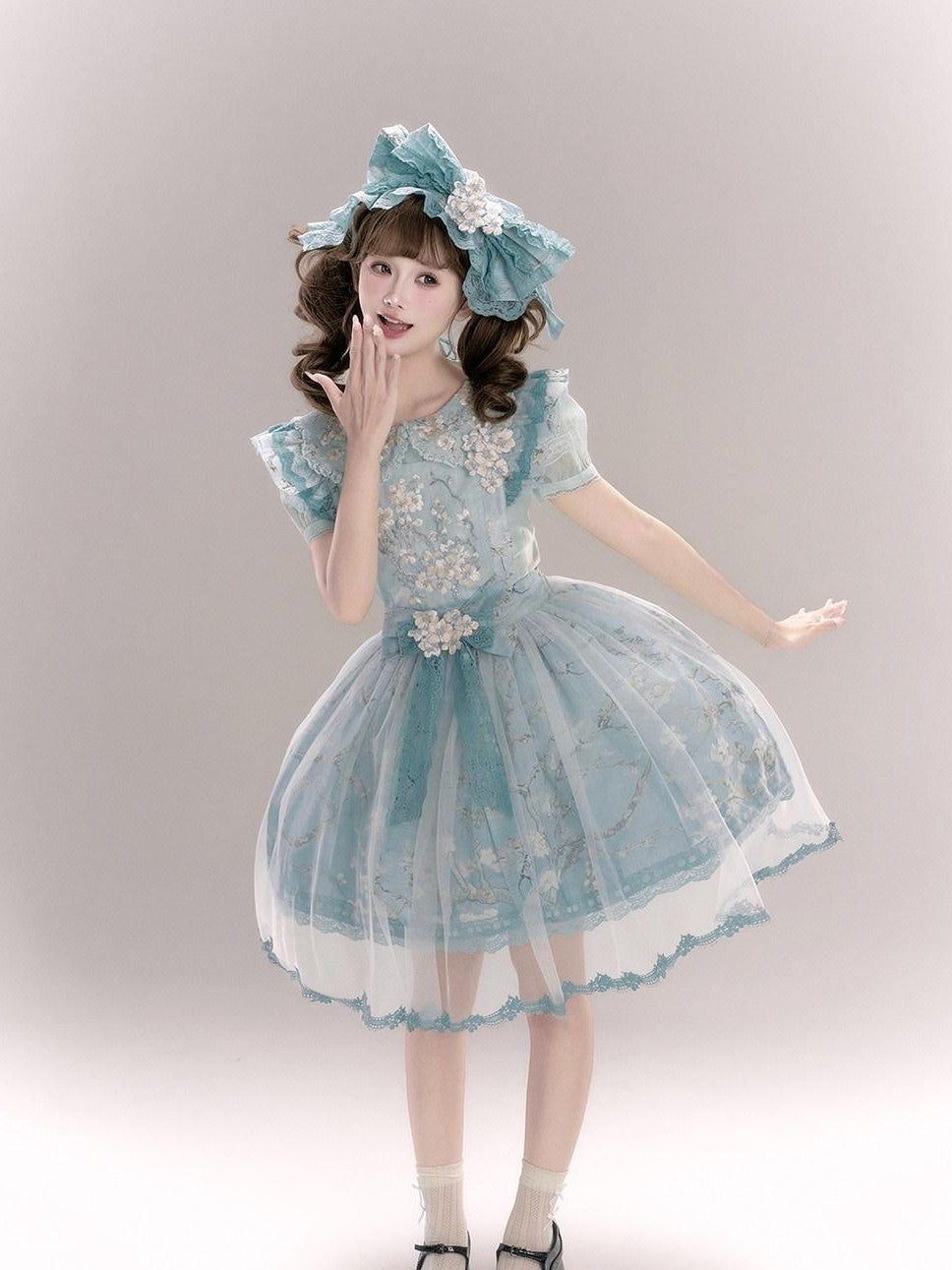 Yi Mu Hu Tao Apricot Blossom Embroidered Doll Collar Short Sleeve Women's Polyester Jsk Sets