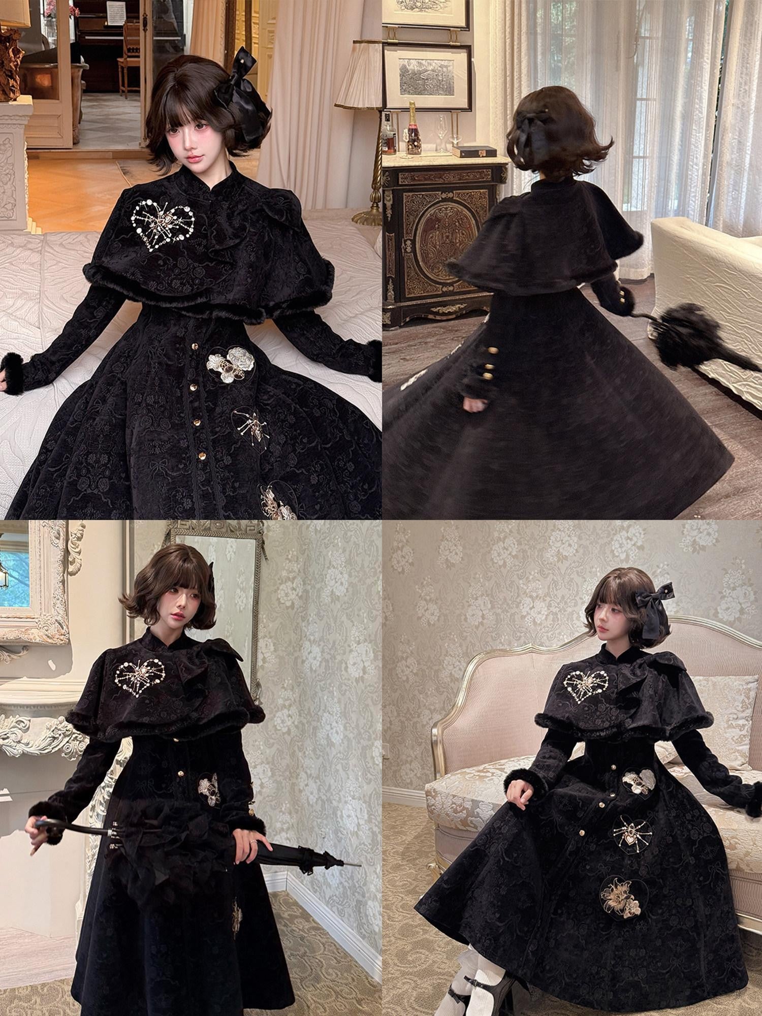 Yi Mu Hu Tao Black Embroidered Waist Cinch Cloak Chinese Style Women's Velvet Long Sleeve Op