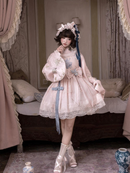 Yi Mu Hu Tao Blue Embroidered Cross Collar Coat Overdress Women's Full Coordination Sets