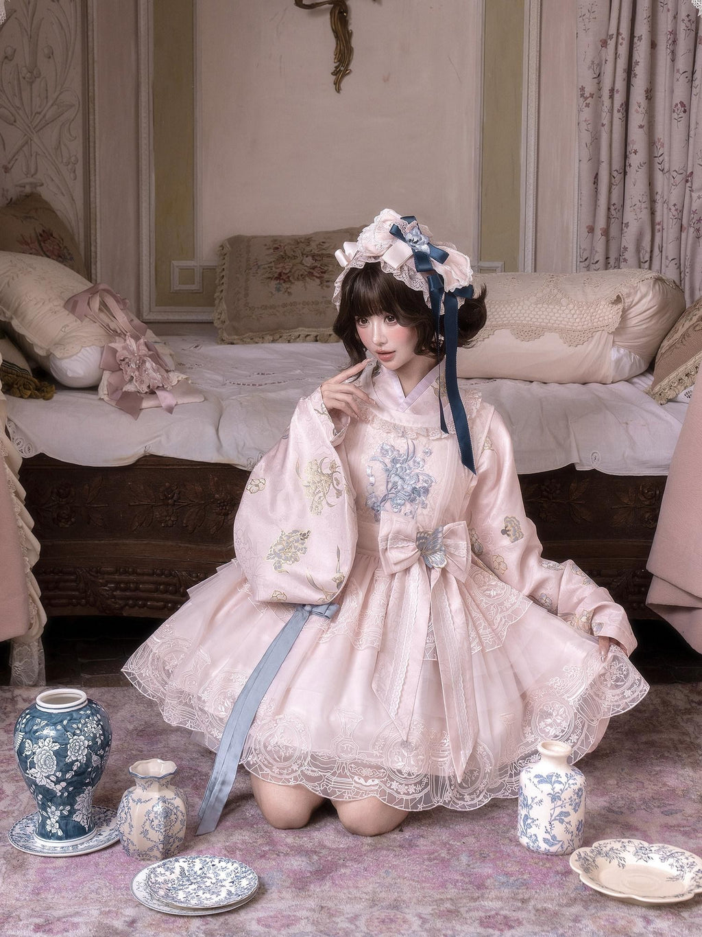 Yi Mu Hu Tao Blue Embroidered Cross Collar Coat Overdress Women's Full Coordination Sets
