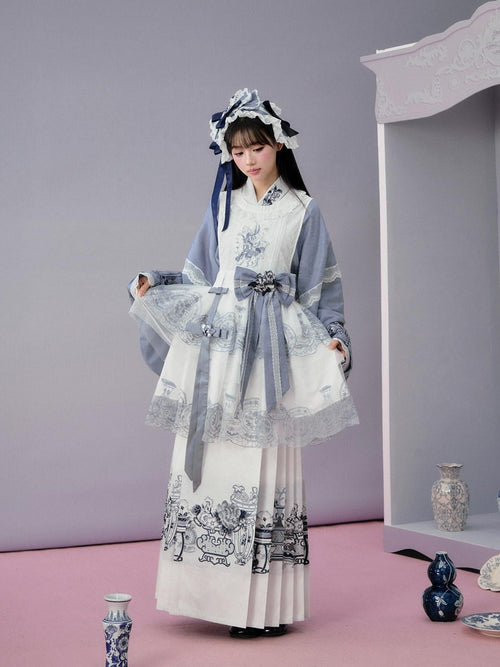 Yi Mu Hu Tao Blue Porcelain Embroidered Overlay Hanfu Women's Ribbon Full Coordination Sets
