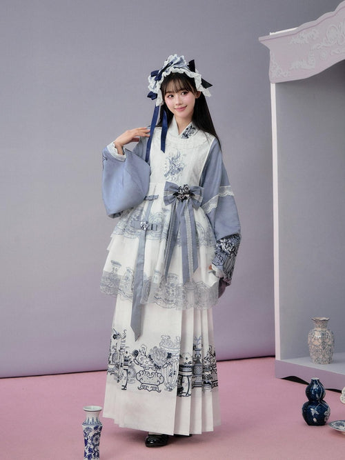 Yi Mu Hu Tao Blue Porcelain Embroidered Overlay Hanfu Women's Ribbon Full Coordination Sets