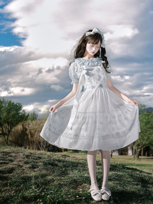 Yi Mu Hu Tao Blue White Shell Embroidered Women's Tencel Short Dress Full Coordination Sets