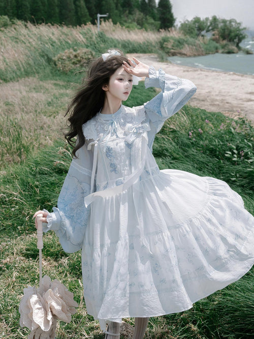 Yi Mu Hu Tao Blue White Shell Embroidered Women's Tencel Short Dress Full Coordination Sets