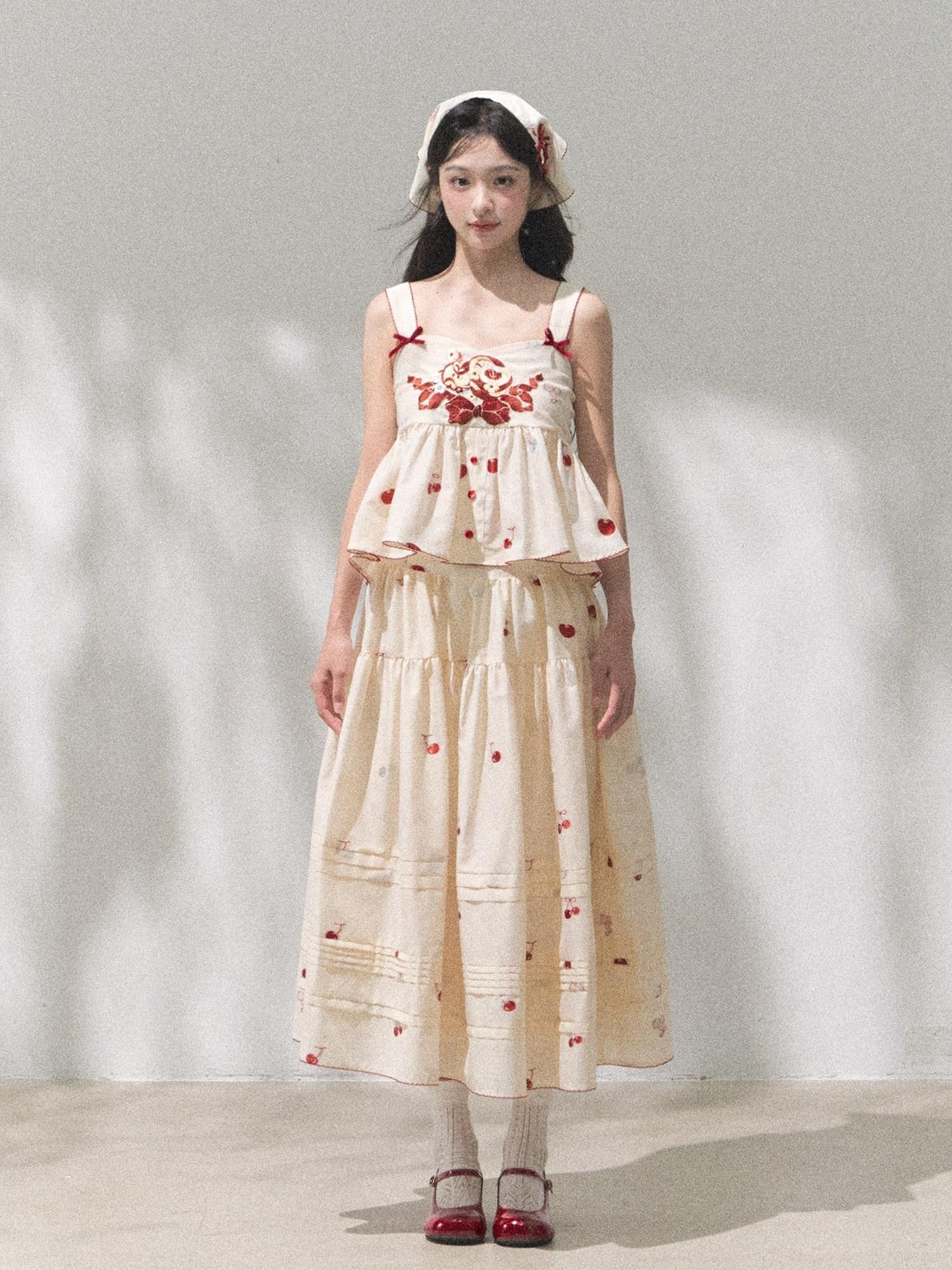 Yi Mu Hu Tao Cherry Jacquard Aline Side Zipper Slit Women's Nylon Cotton Blend Skirt Sets