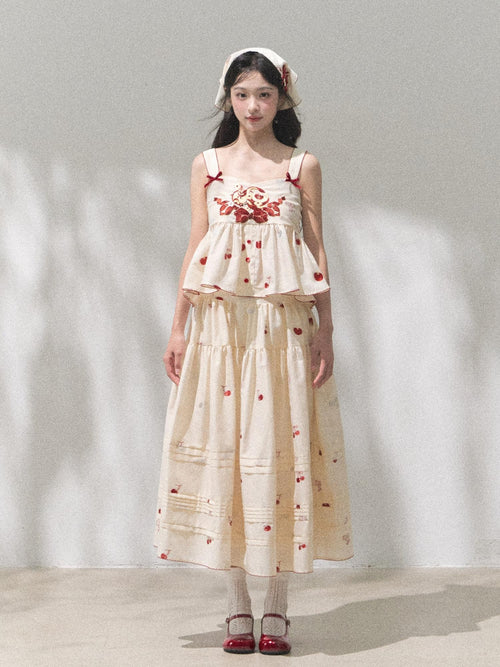 Yi Mu Hu Tao Cherry Jacquard Aline Side Zipper Slit Women's Nylon Cotton Blend Skirt Sets