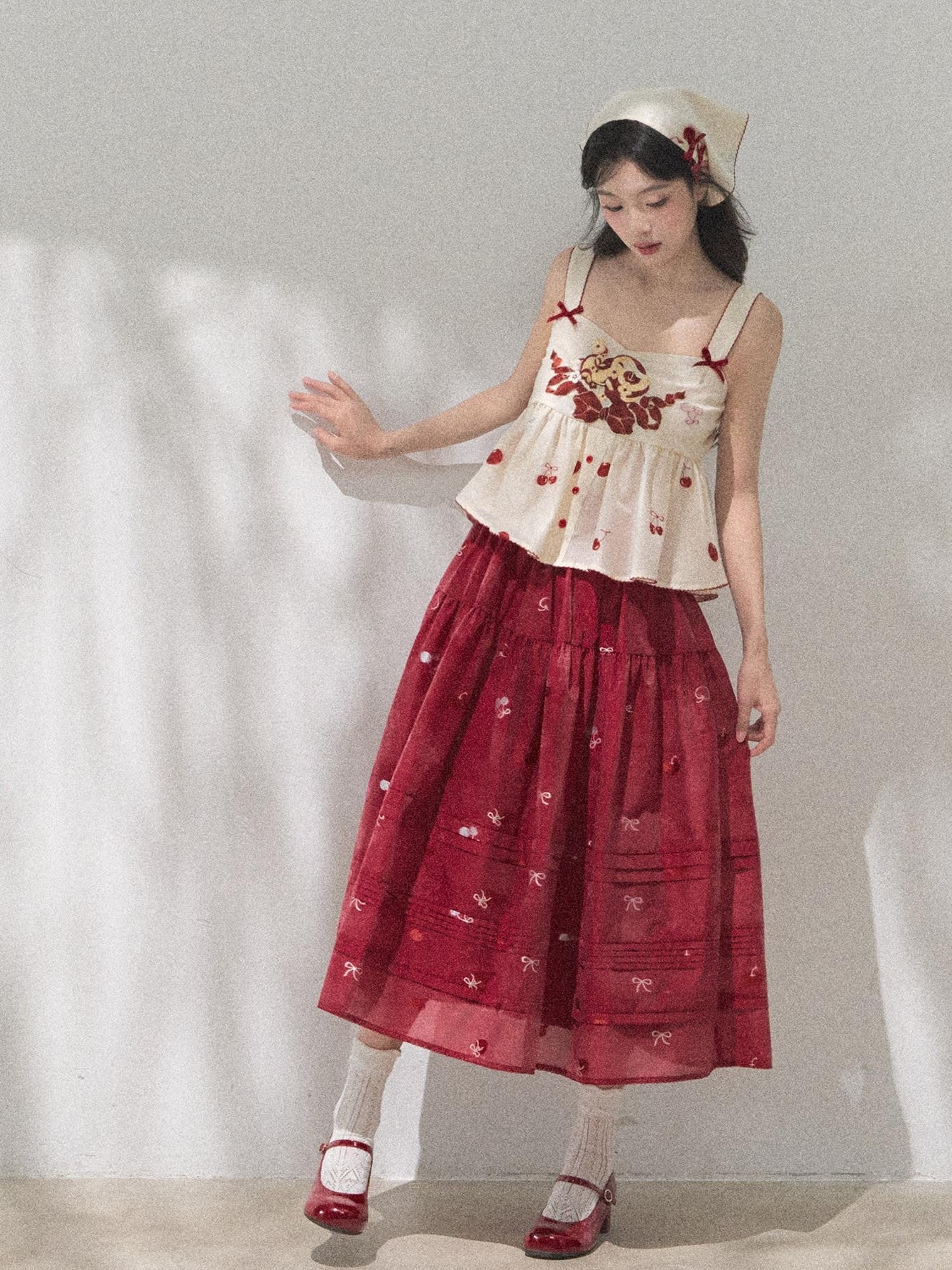 Yi Mu Hu Tao Cherry Jacquard Aline Side Zipper Slit Women's Nylon Cotton Blend Skirt Sets
