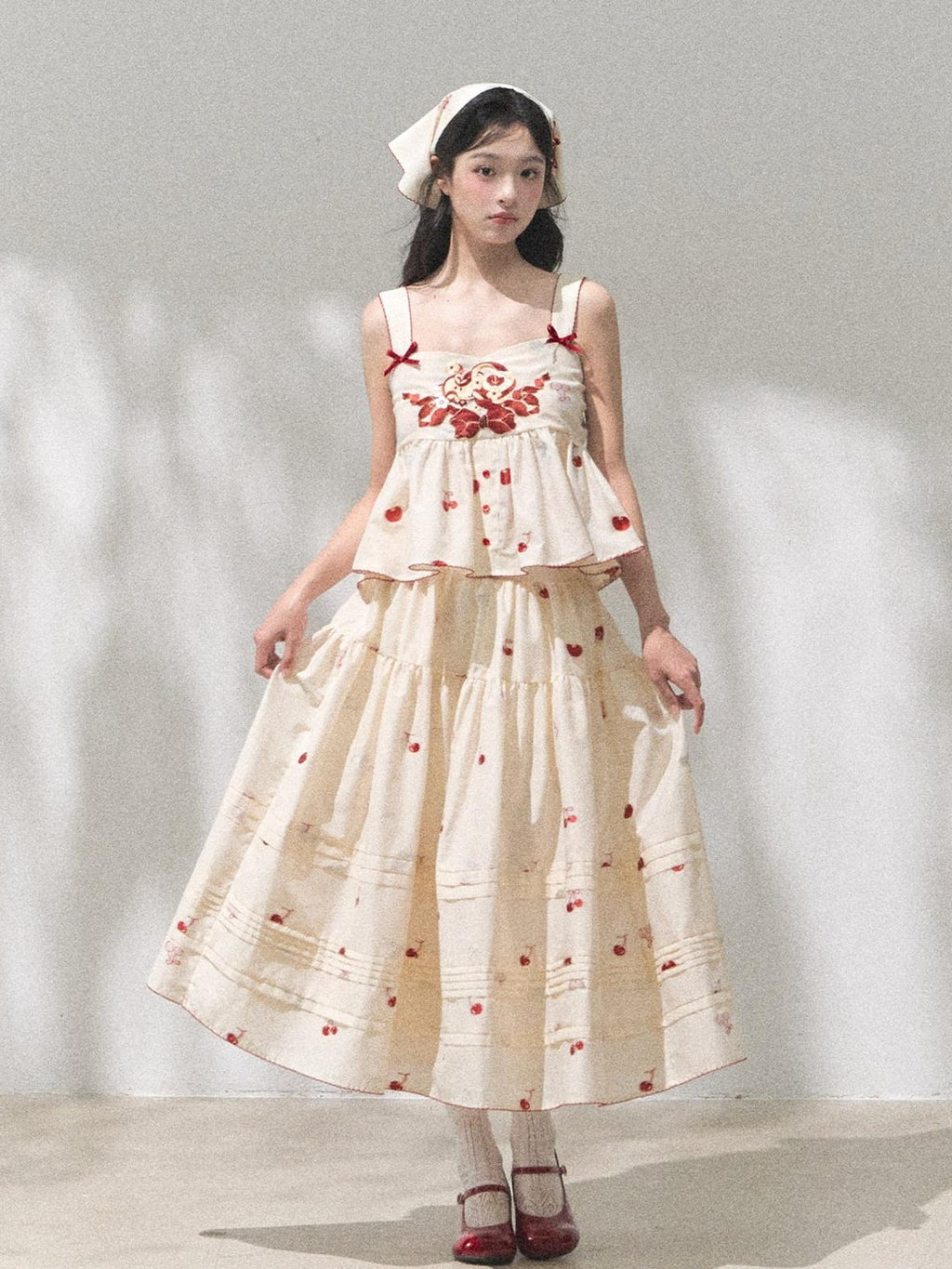 Yi Mu Hu Tao Cherry Jacquard Aline Side Zipper Slit Women's Nylon Cotton Blend Skirt Sets
