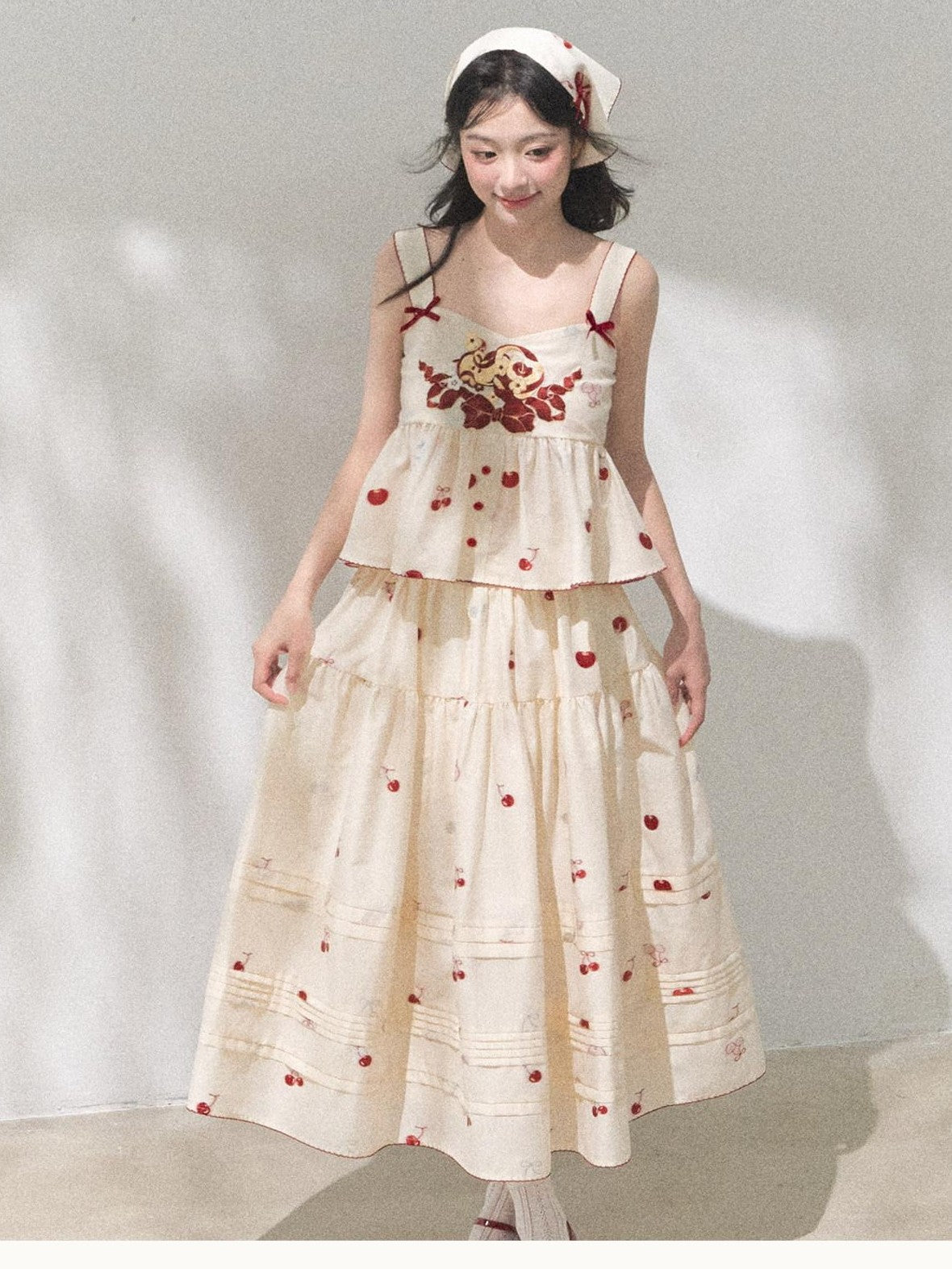 Yi Mu Hu Tao Cherry Jacquard Aline Side Zipper Slit Women's Nylon Cotton Blend Skirt Sets