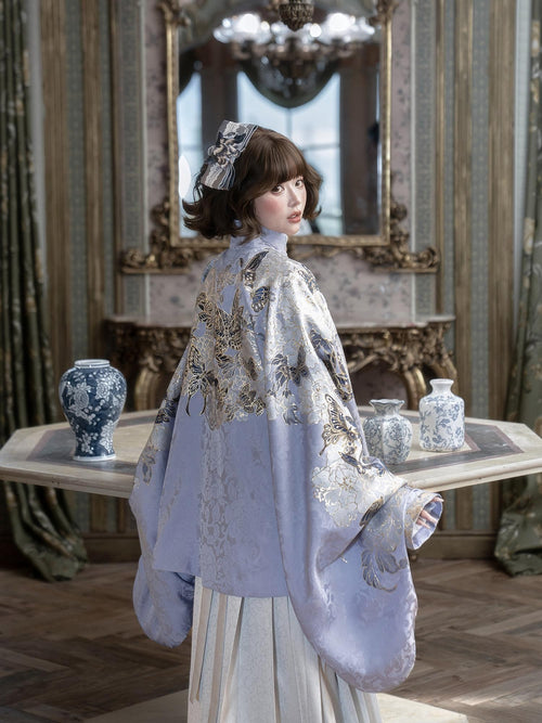 Yi Mu Hu Tao Cool Blue Jacquard Floral Gold Horseface Women's Brocade Skirt Sets