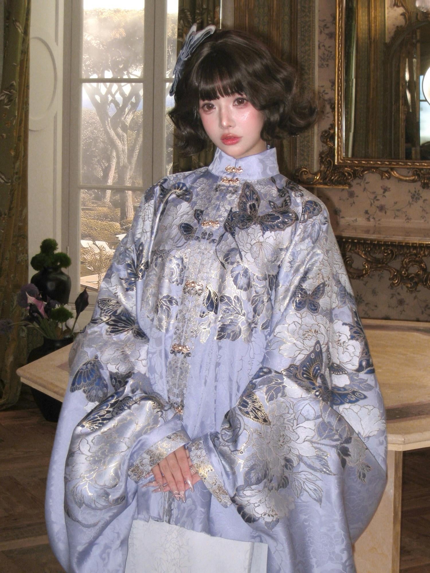 Yi Mu Hu Tao Cool Blue Jacquard Floral Gold Horseface Women's Brocade Skirt Sets