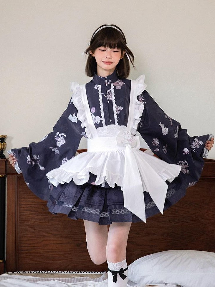Yi Mu Hu Tao Cute Rabbit Hanfu Stand Collar Bow Retro Short Skirt Women's Tencel Skirt Sets