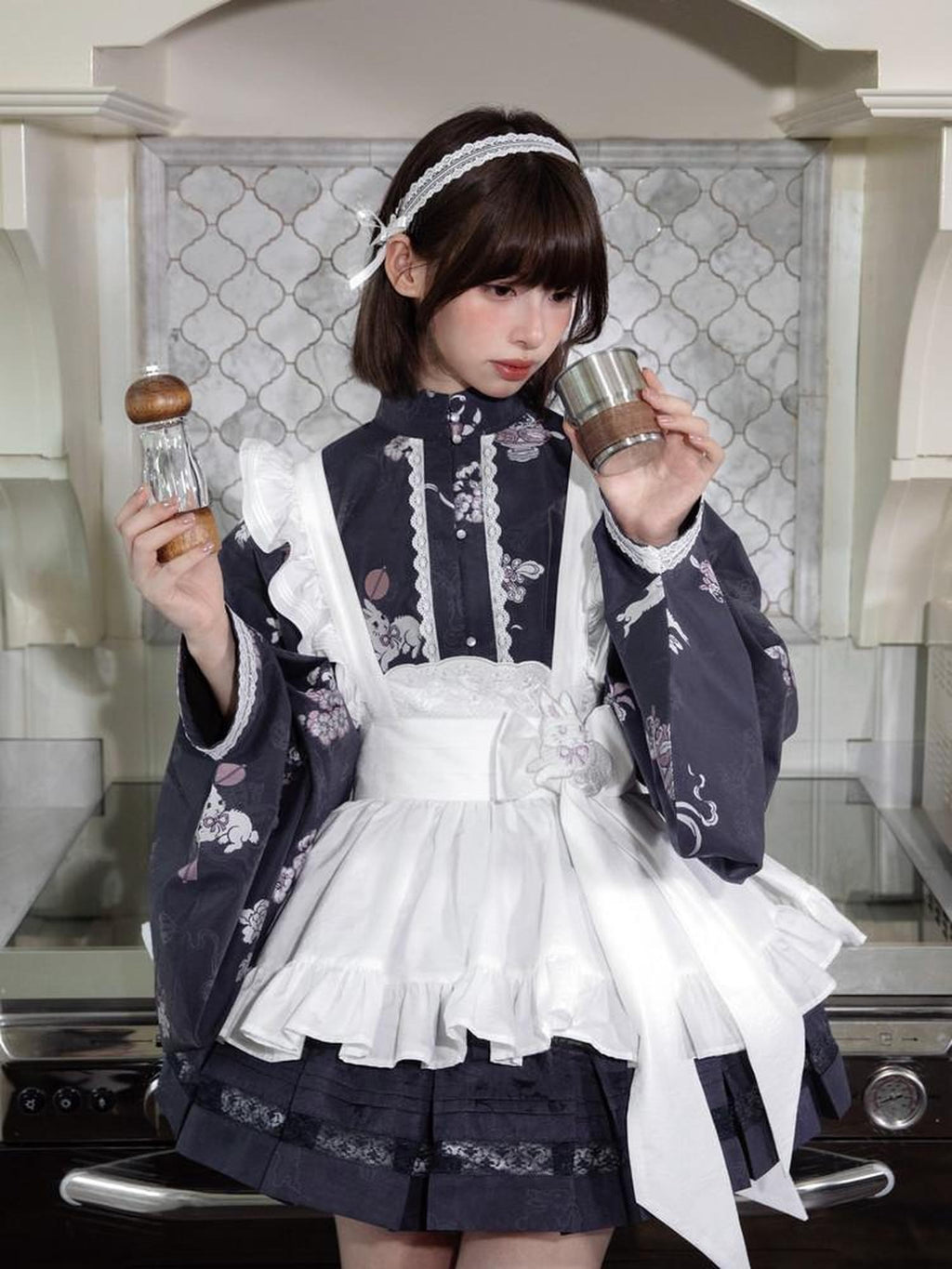 Yi Mu Hu Tao Cute Rabbit Hanfu Stand Collar Bow Retro Short Skirt Women's Tencel Skirt Sets