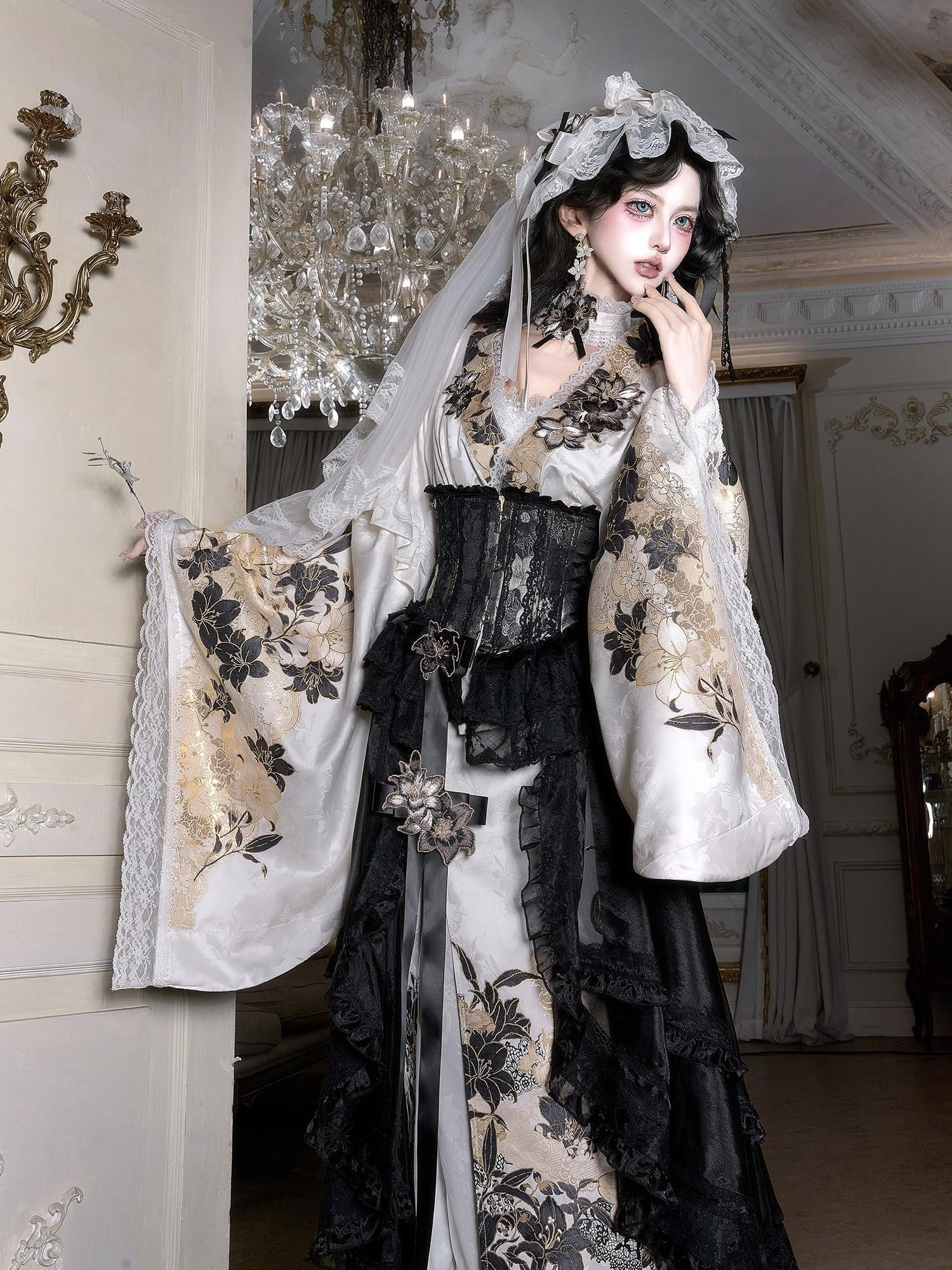 Yi Mu Hu Tao Dark Hanfu Modified Wide Sleeve Ru Twirl Skirt Waist Belt Veil Women's Op Sets
