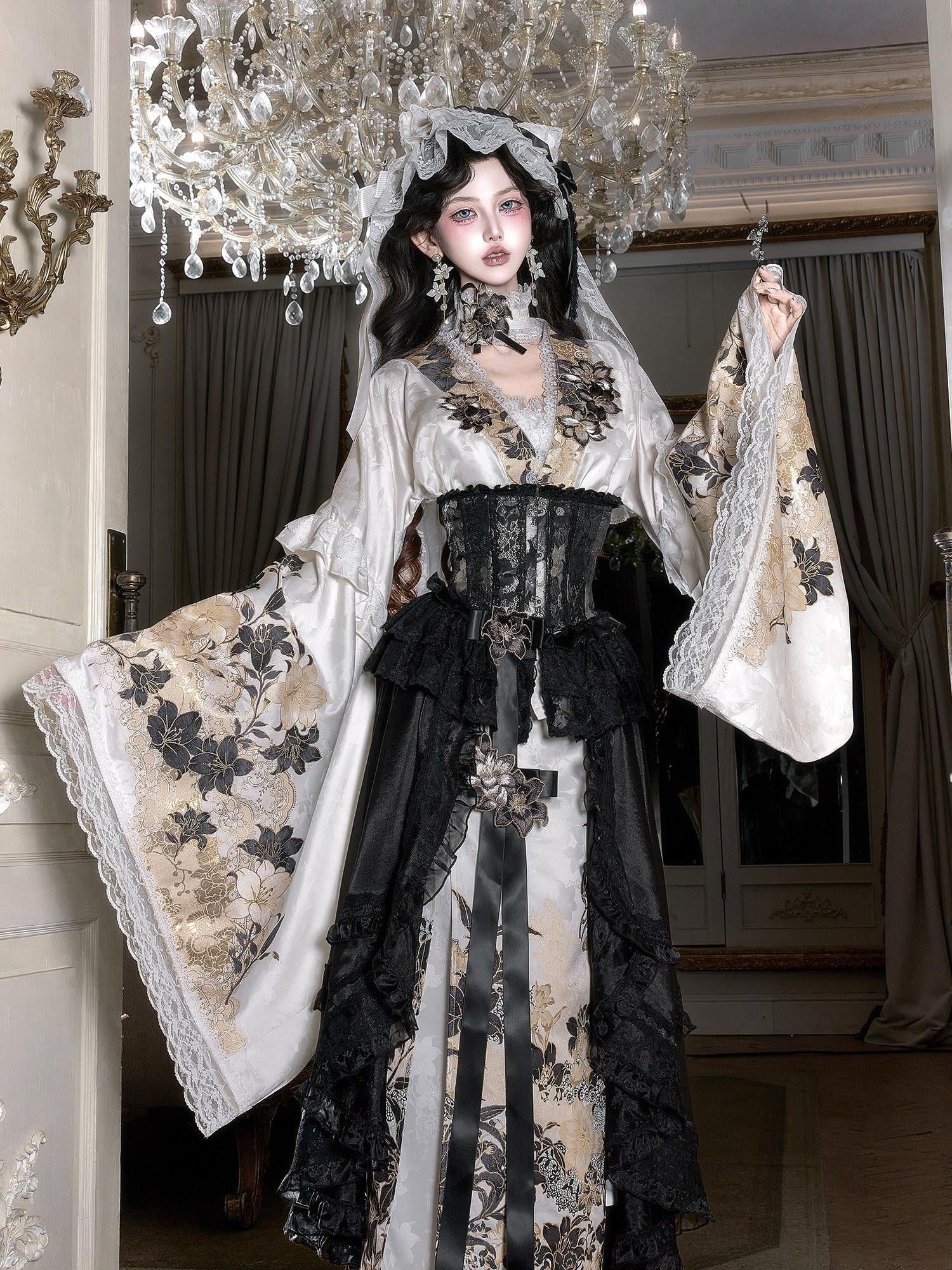Yi Mu Hu Tao Dark Hanfu Modified Wide Sleeve Ru Twirl Skirt Waist Belt Veil Women's Op Sets