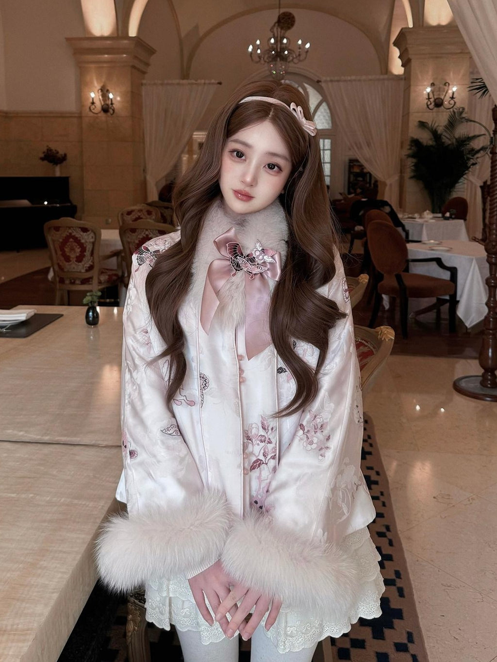 Yi Mu Hu Tao Fox Fur Collar Chinese Mamian Plush Short Jacket Women's Wool Skirt Sets