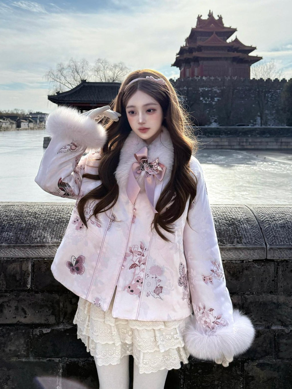 Yi Mu Hu Tao Fox Fur Collar Chinese Mamian Plush Short Jacket Women's Wool Skirt Sets