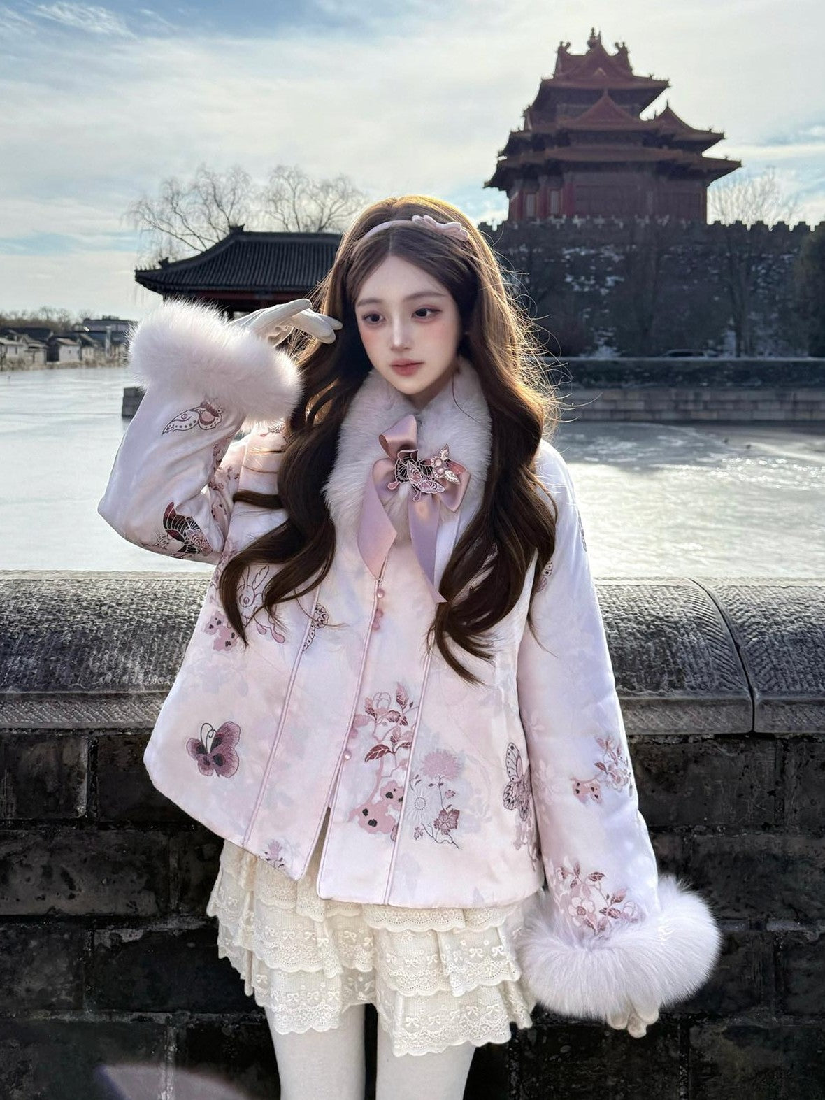 Yi Mu Hu Tao Fox Fur Collar Chinese Mamian Plush Short Jacket Women's Wool Skirt Sets
