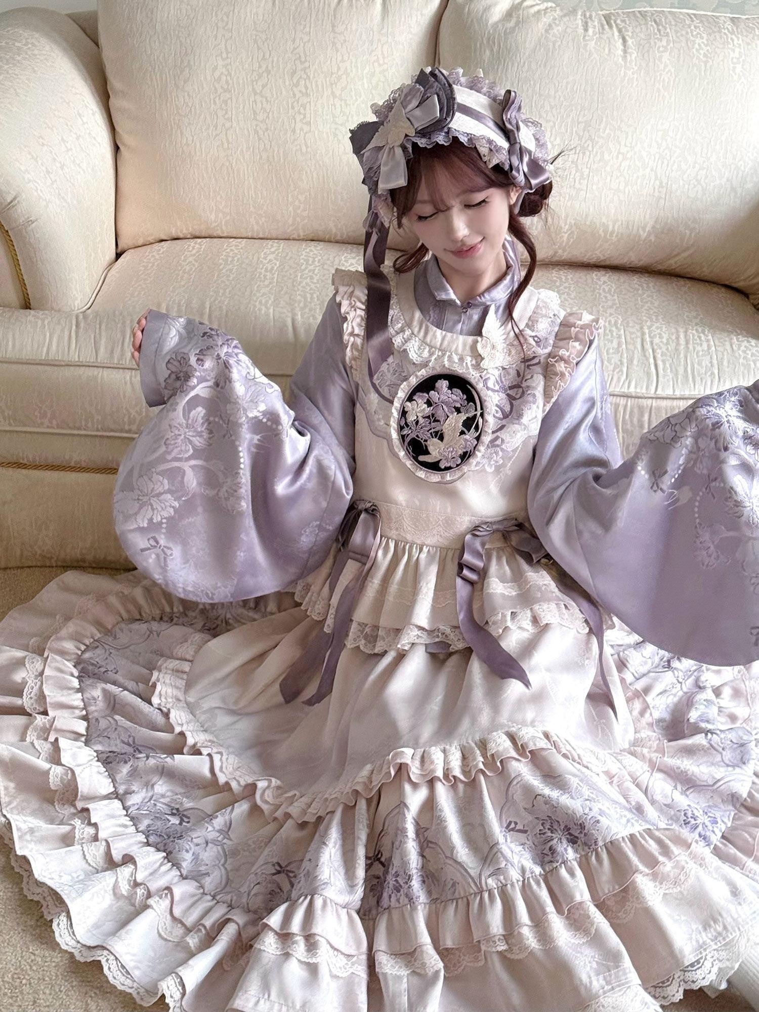 Yi Mu Hu Tao Iris Mist Hanfu Inspired Stand Collar Painted Floral Women's Skirt Sets