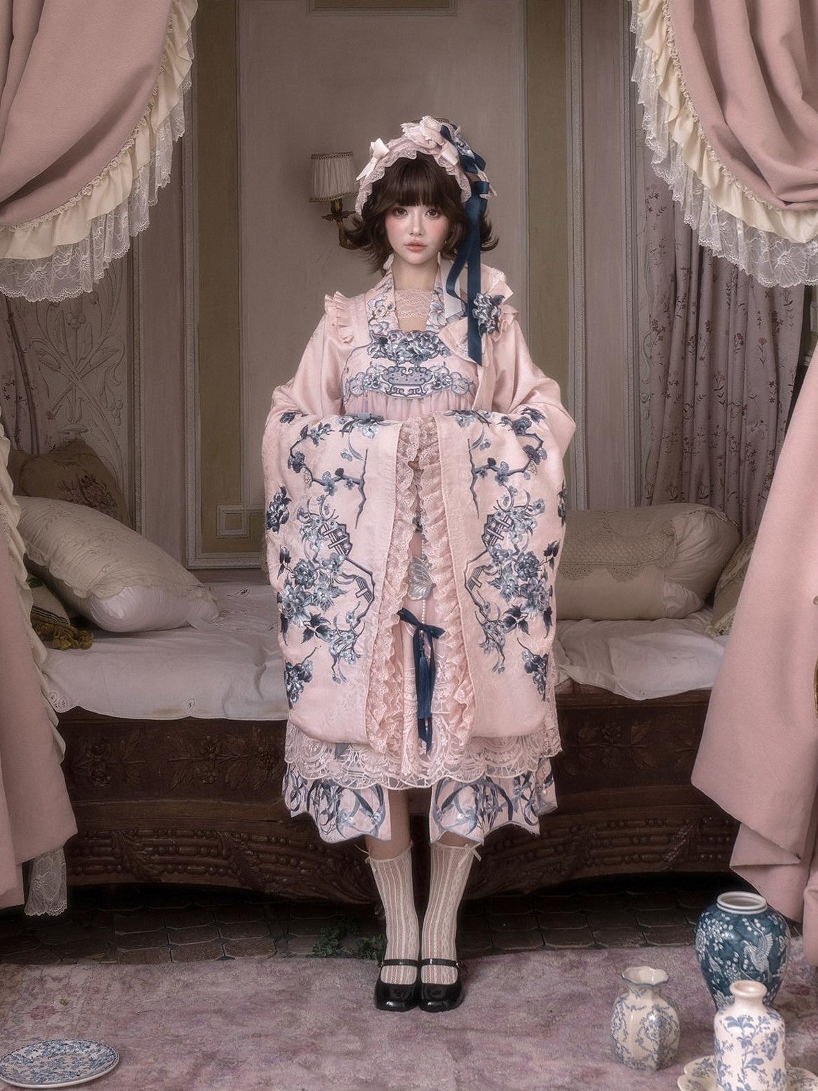 Yi Mu Hu Tao Pink Celadon Blue Porcelain Embroidered Cloak Women's Full Coordination Sets