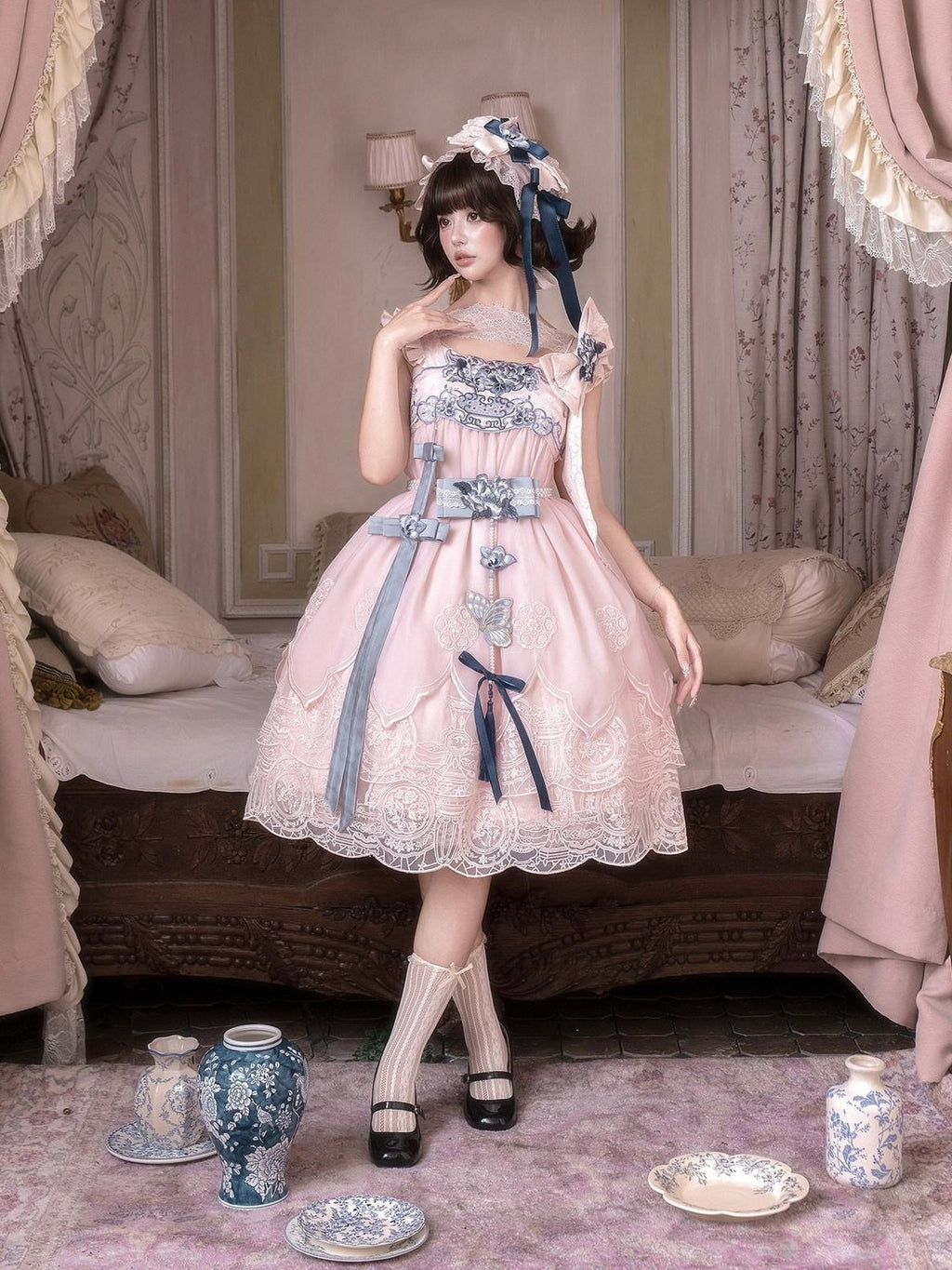 Yi Mu Hu Tao Pink Celadon Blue Porcelain Embroidered Tassel Women's Jsk / Jumper Skirts