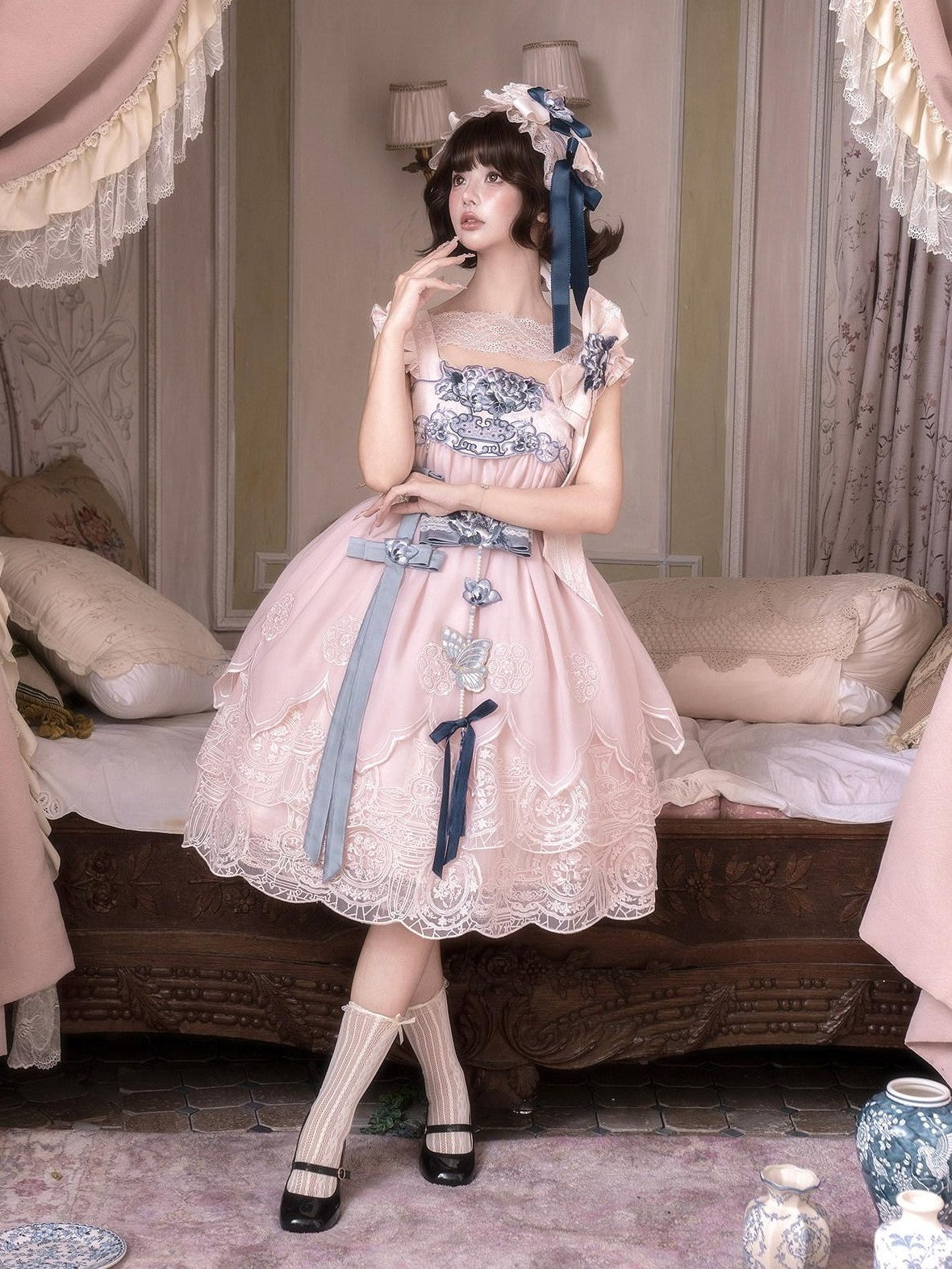 Yi Mu Hu Tao Pink Celadon Blue Porcelain Embroidered Tassel Women's Jsk / Jumper Skirts