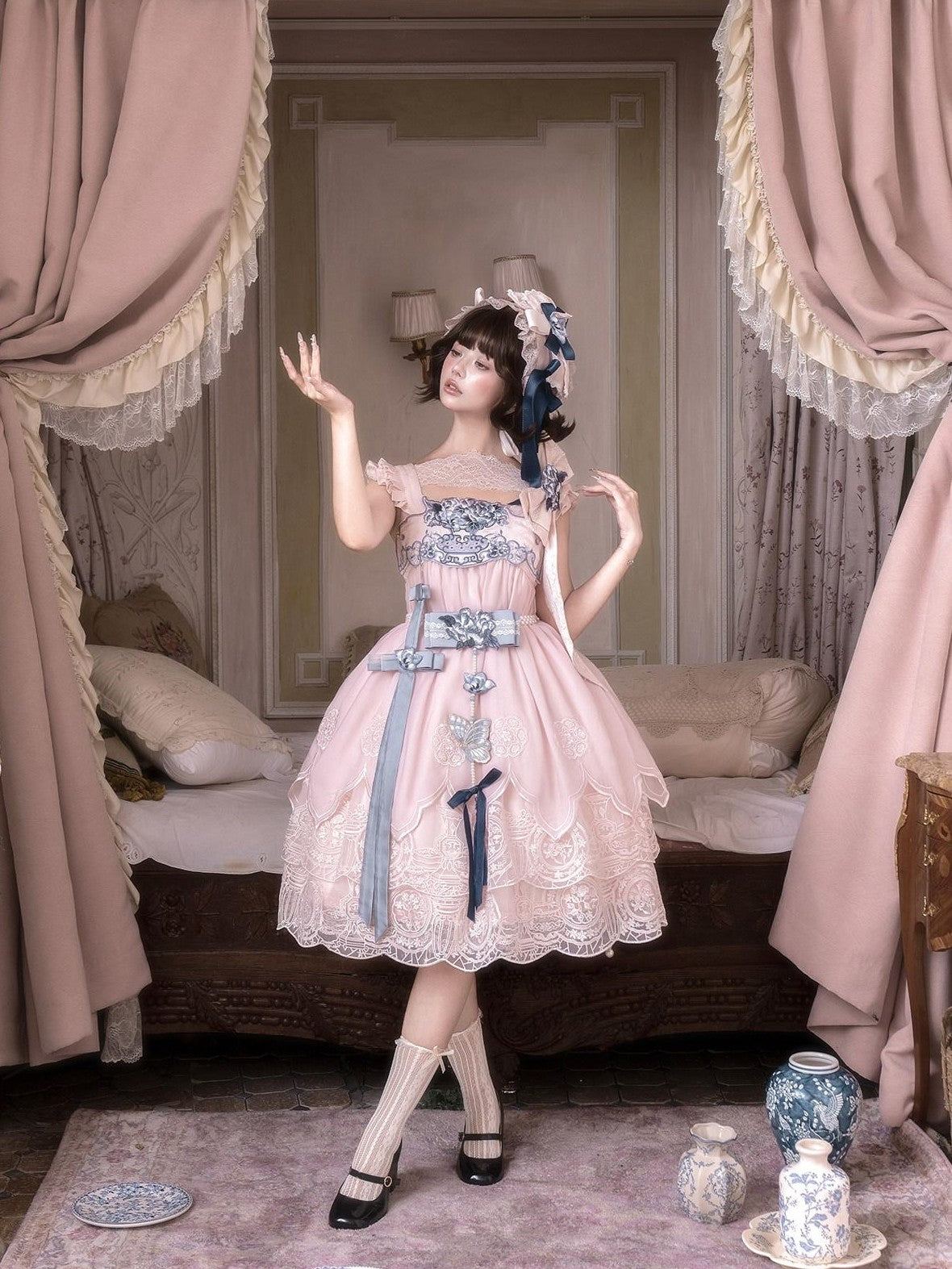 Yi Mu Hu Tao Pink Celadon Blue Porcelain Embroidered Tassel Women's Jsk / Jumper Skirts