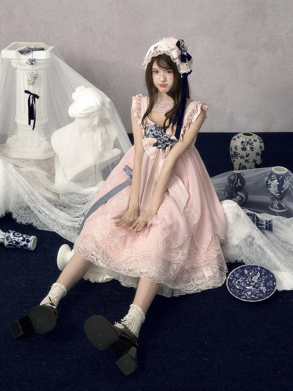Yi Mu Hu Tao Pink Celadon Blue Porcelain Embroidered Tassel Women's Jsk / Jumper Skirts