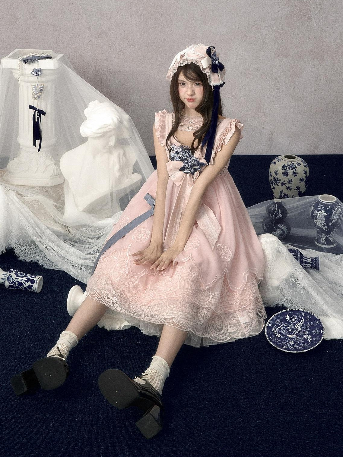 Yi Mu Hu Tao Pink Celadon Blue Porcelain Embroidered Tassel Women's Jsk / Jumper Skirts
