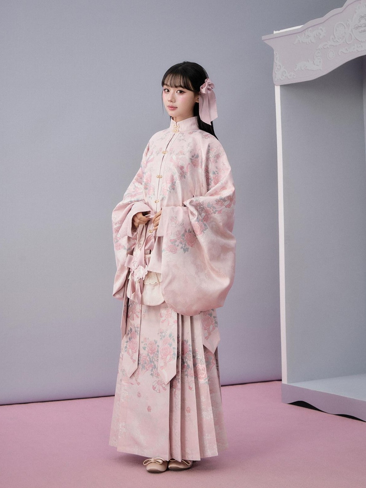 Yi Mu Hu Tao Pink Mamian Skirt Stand Collar Cloud Shoulder Women's Brocade Skirt Sets