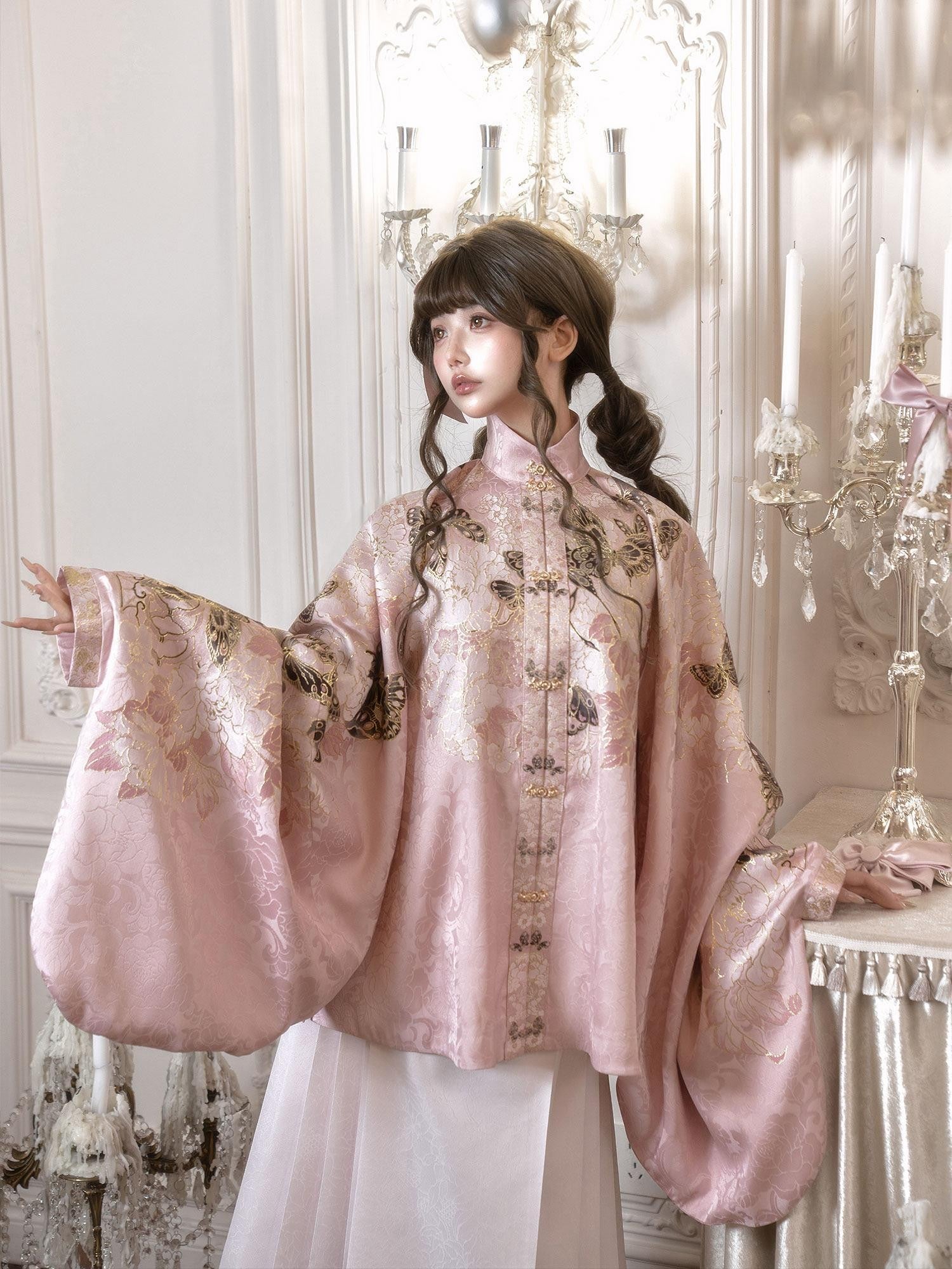 Yi Mu Hu Tao Pink Ming Stand Collar Short Jacket Mamian Skirt Women's Brocade Skirt Sets