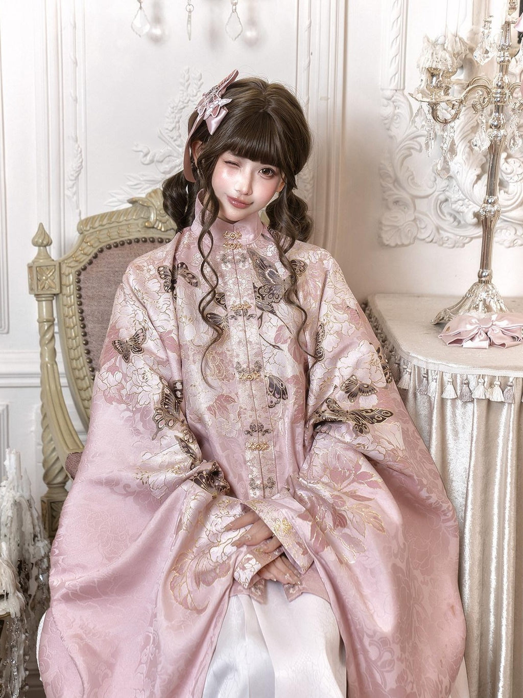 Yi Mu Hu Tao Pink Ming Stand Collar Short Jacket Mamian Skirt Women's Brocade Skirt Sets