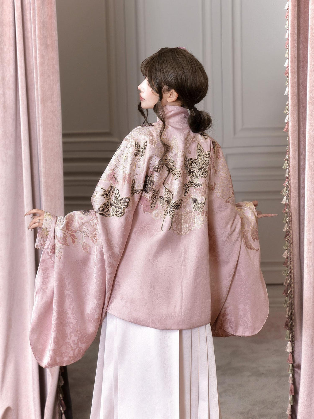 Yi Mu Hu Tao Pink Ming Stand Collar Short Jacket Mamian Skirt Women's Brocade Skirt Sets