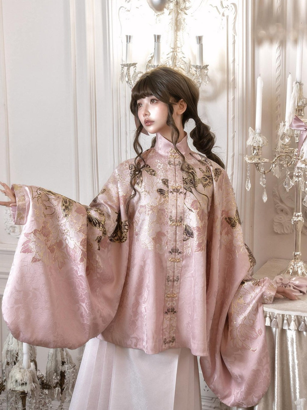 Yi Mu Hu Tao Pink Ming Stand Collar Short Jacket Mamian Skirt Women's Brocade Skirt Sets