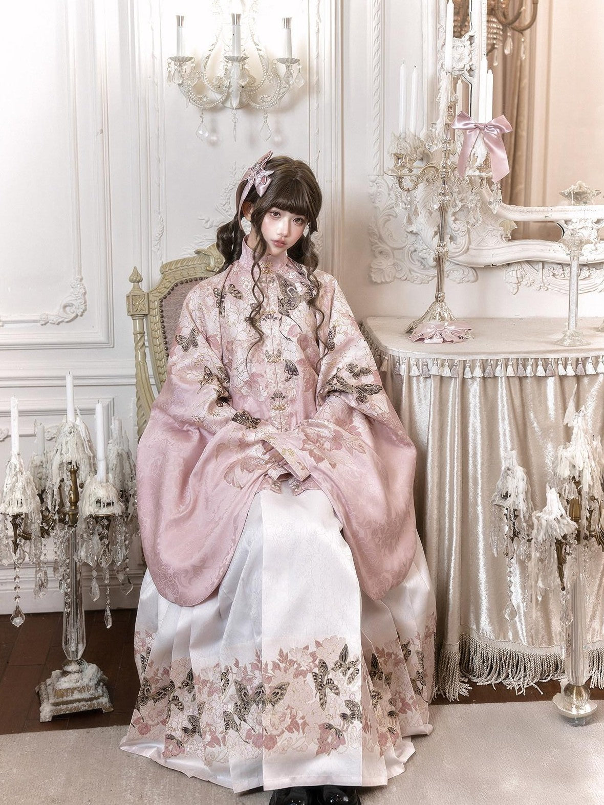 Yi Mu Hu Tao Pink Ming Stand Collar Short Jacket Mamian Skirt Women's Brocade Skirt Sets
