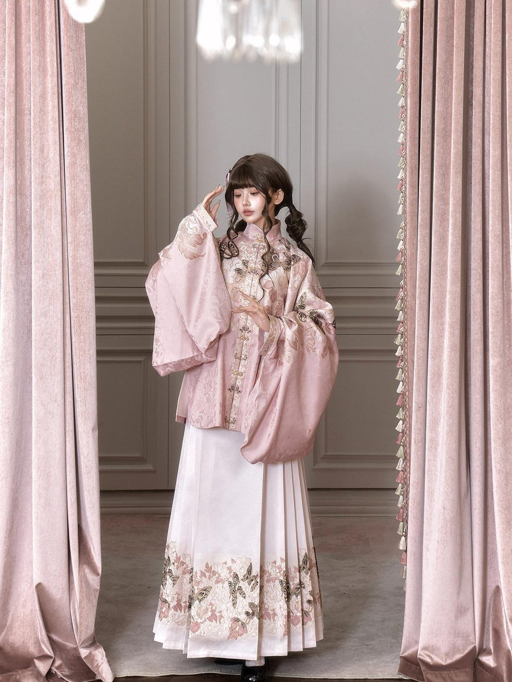 Yi Mu Hu Tao Pink Ming Stand Collar Short Jacket Mamian Skirt Women's Brocade Skirt Sets