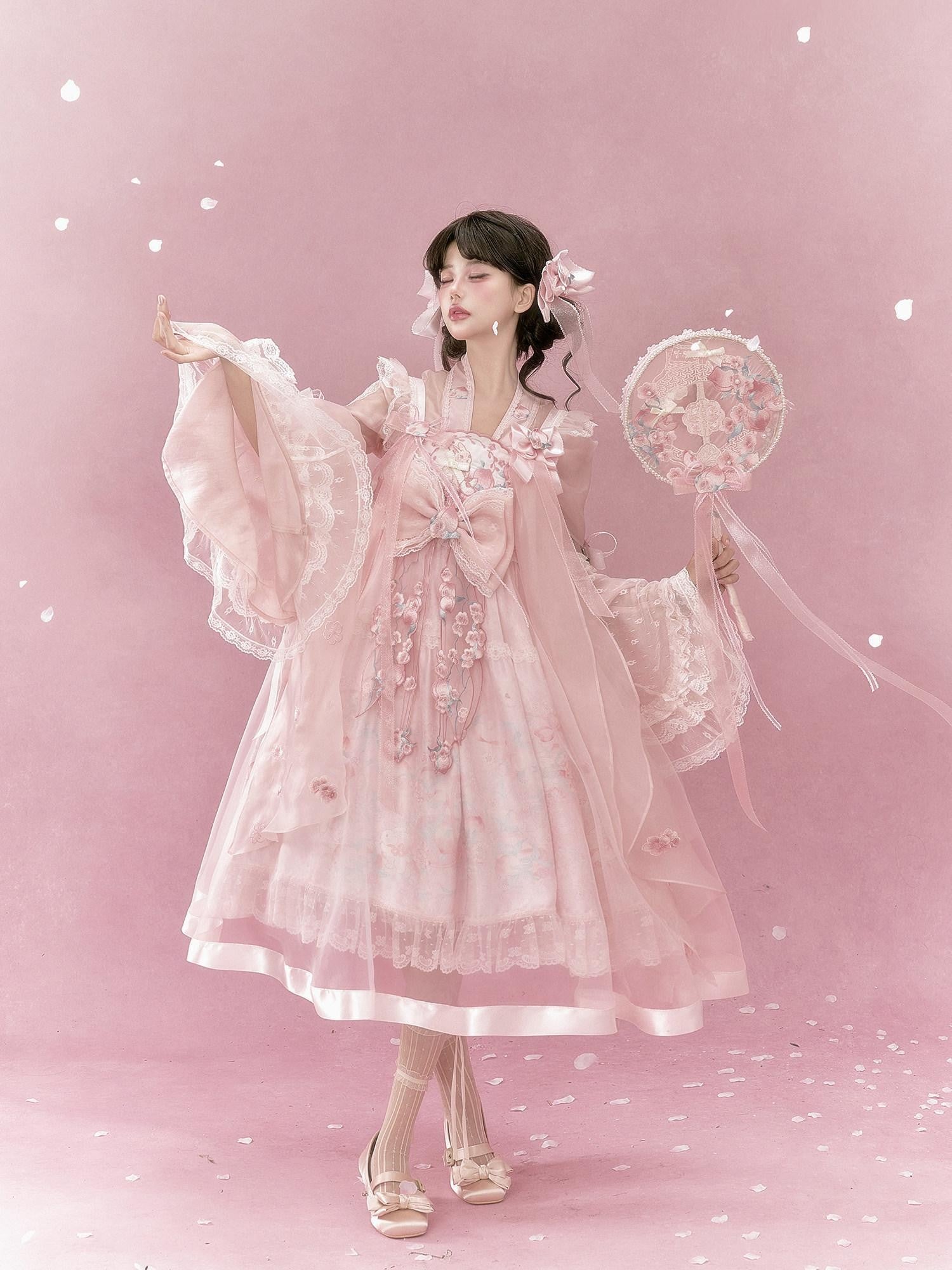 Yi Mu Hu Tao Pink Peach Embroidered High Waist Jsk Sino Western Women's Tencel Op Sets
