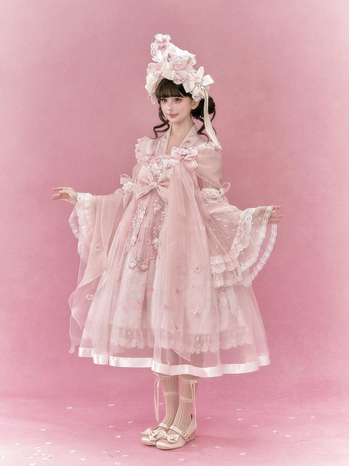 Yi Mu Hu Tao Pink Peach Embroidered High Waist Jsk Sino Western Women's Tencel Op Sets