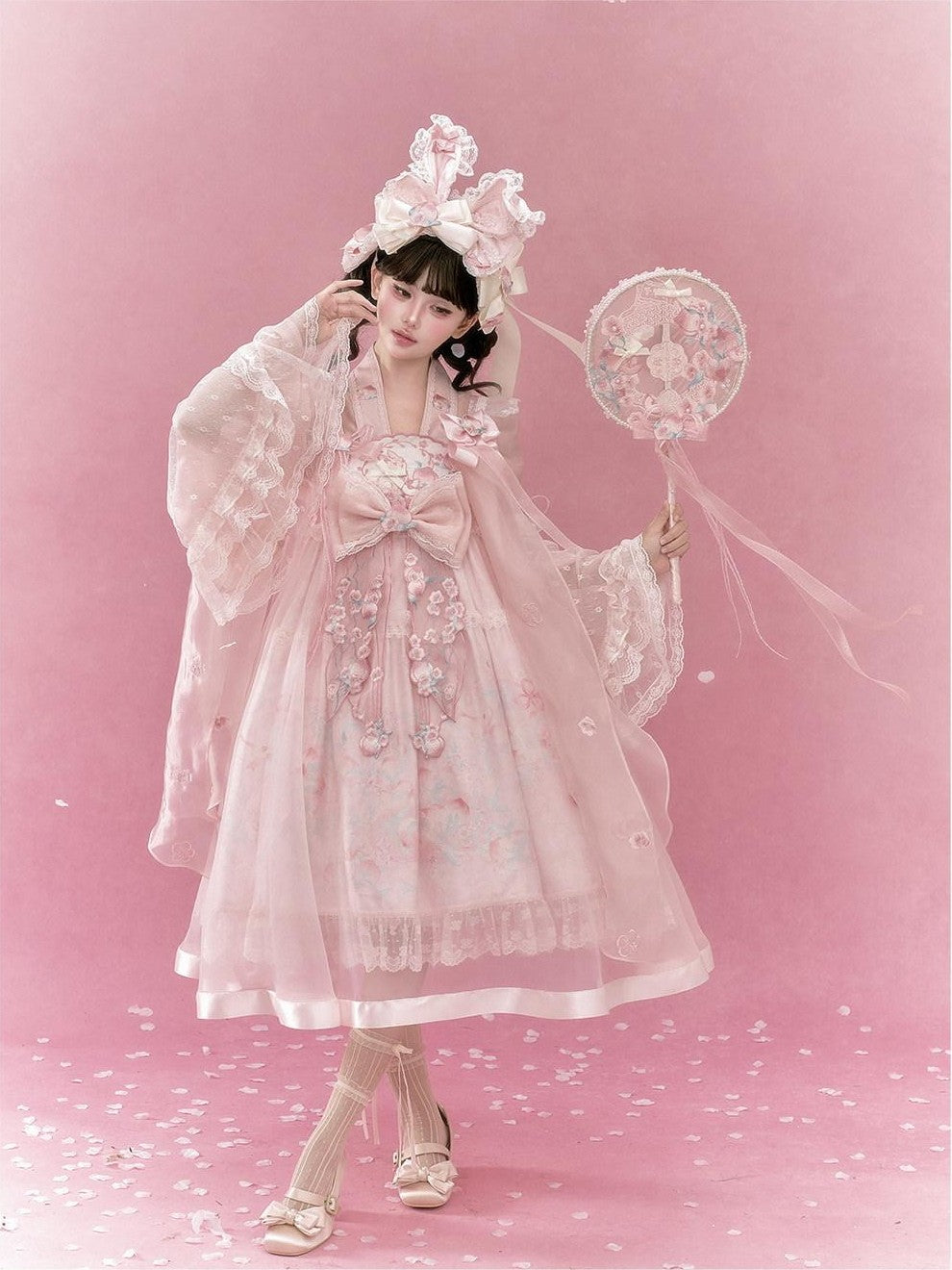 Yi Mu Hu Tao Pink Peach Embroidered High Waist Jsk Sino Western Women's Tencel Op Sets