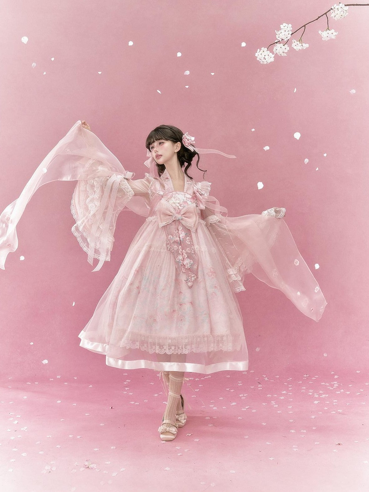Yi Mu Hu Tao Pink Peach Embroidered High Waist Jsk Sino Western Women's Tencel Op Sets