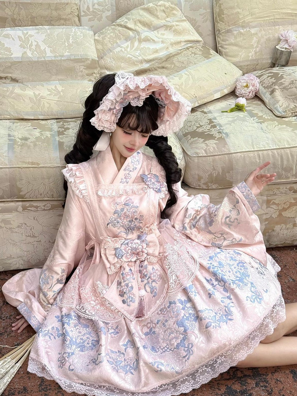 Yi Mu Hu Tao Pink Peony Floral Cross Collar Jacket Overlay Skirt Women's Satin Jsk Sets