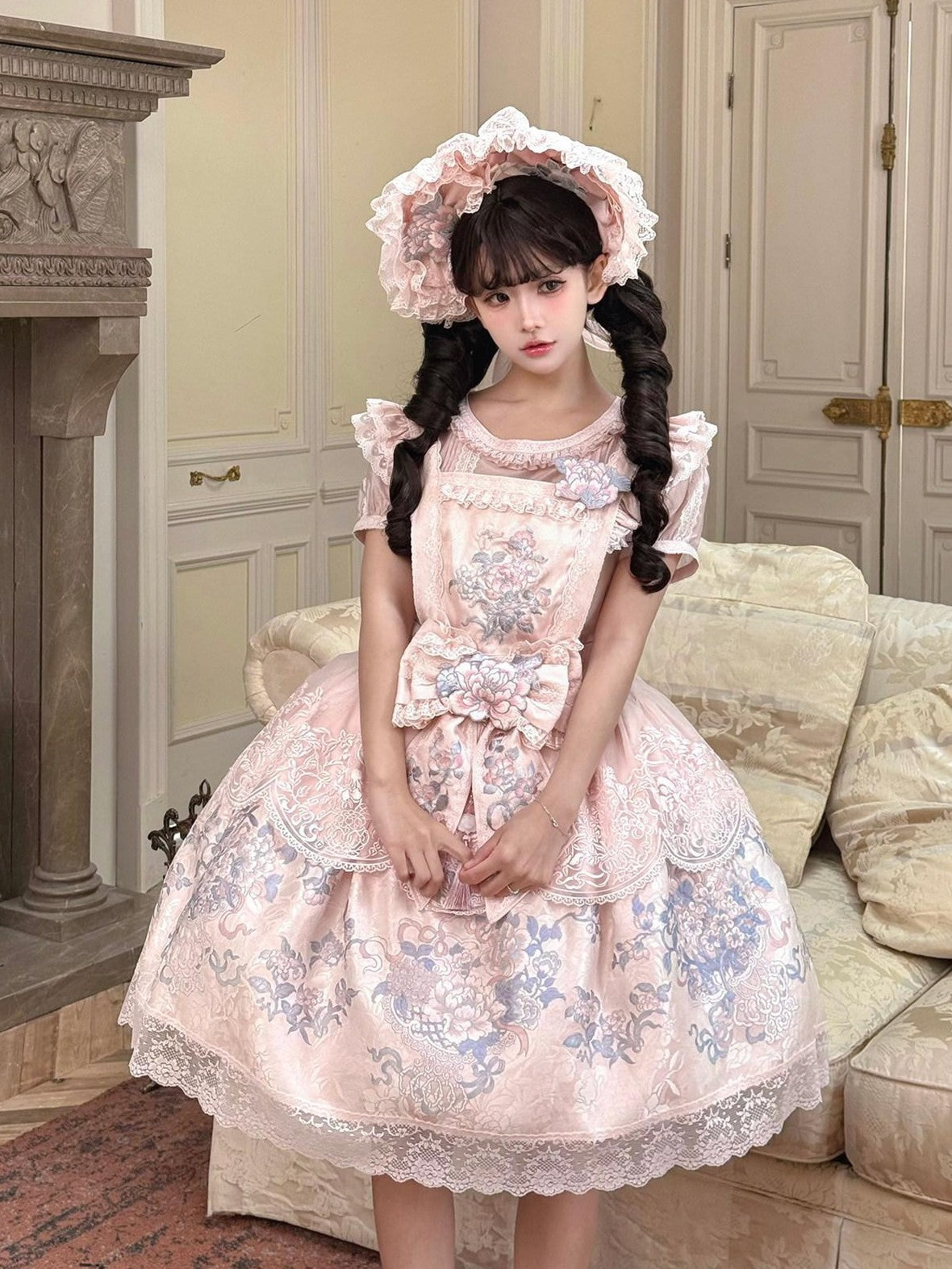 Yi Mu Hu Tao Pink Peony Floral Cross Collar Jacket Overlay Skirt Women's Satin Jsk Sets