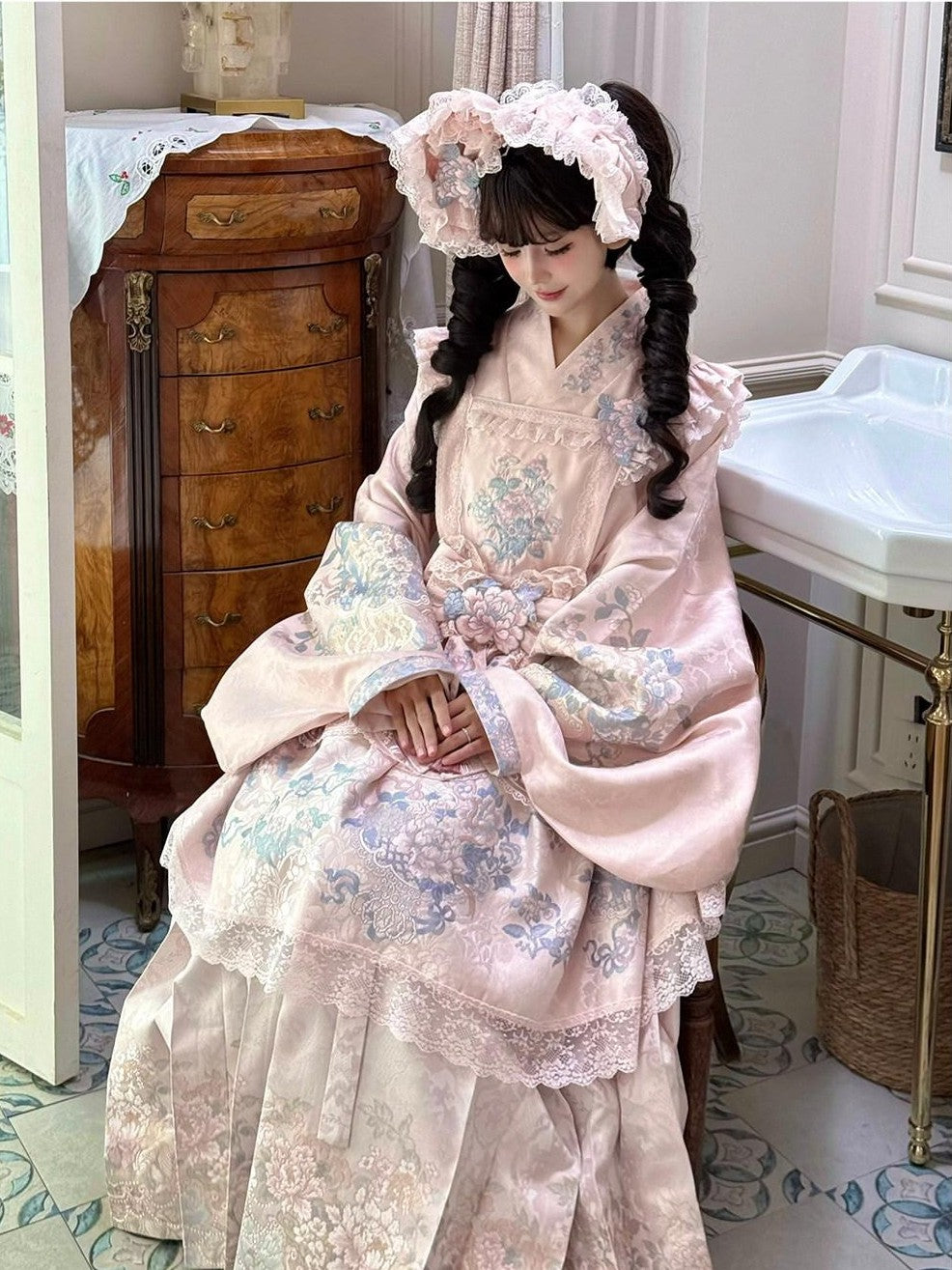 Yi Mu Hu Tao Pink Peony Floral Cross Collar Jacket Overlay Skirt Women's Satin Jsk Sets