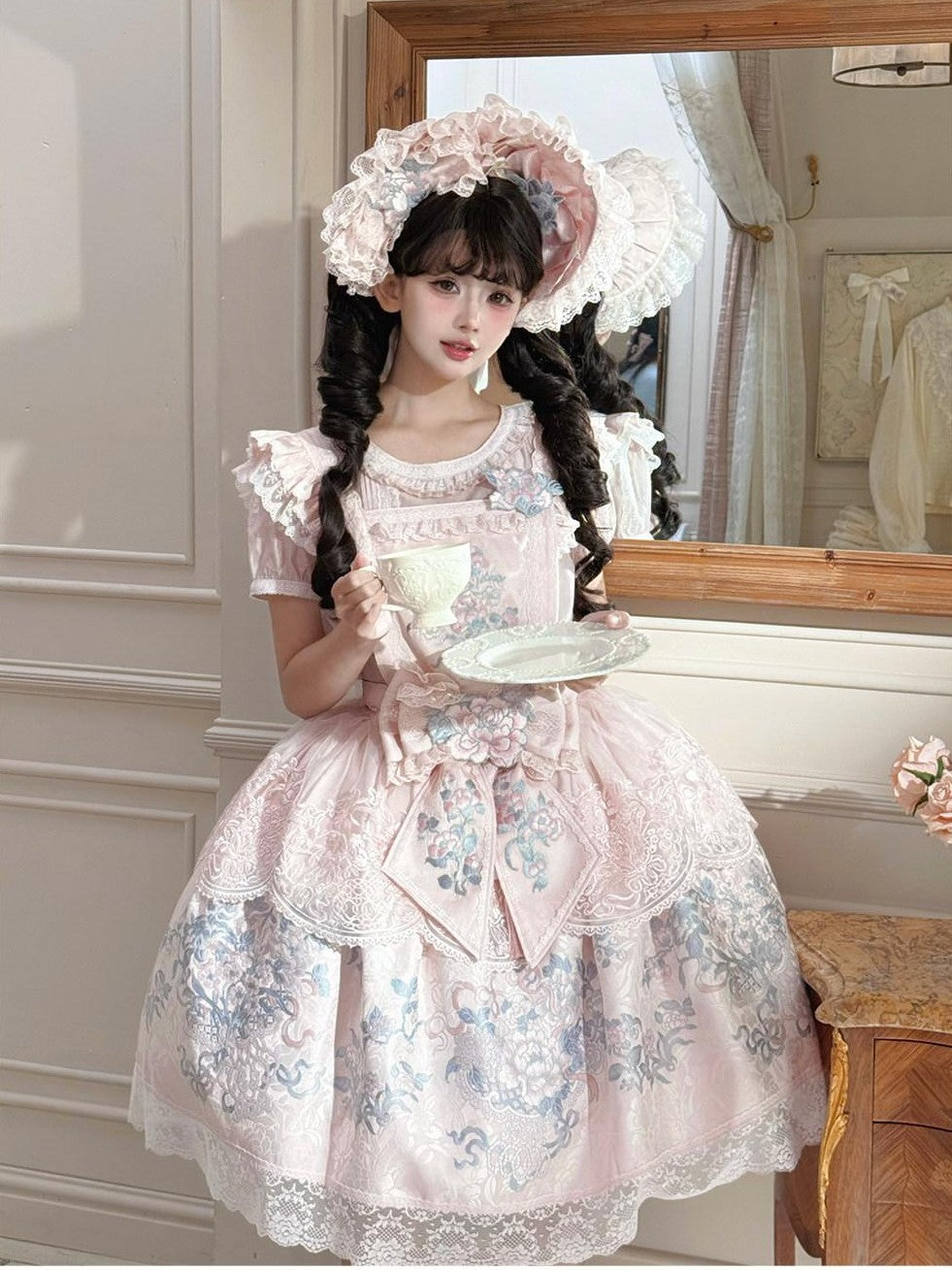 Yi Mu Hu Tao Pink Peony Floral Cross Collar Jacket Overlay Skirt Women's Satin Jsk Sets