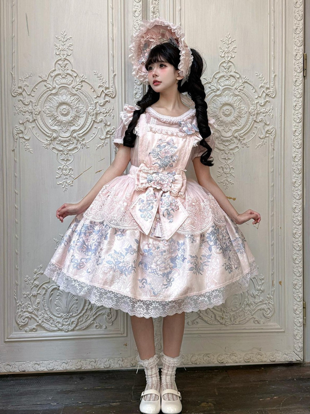 Yi Mu Hu Tao Pink Peony Floral Cross Collar Jacket Overlay Skirt Women's Satin Jsk Sets