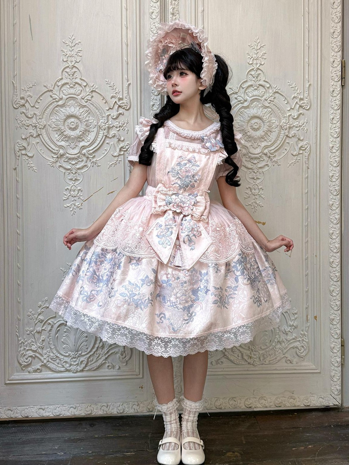 Yi Mu Hu Tao Pink Peony Floral Cross Collar Jacket Overlay Skirt Women's Satin Jsk Sets