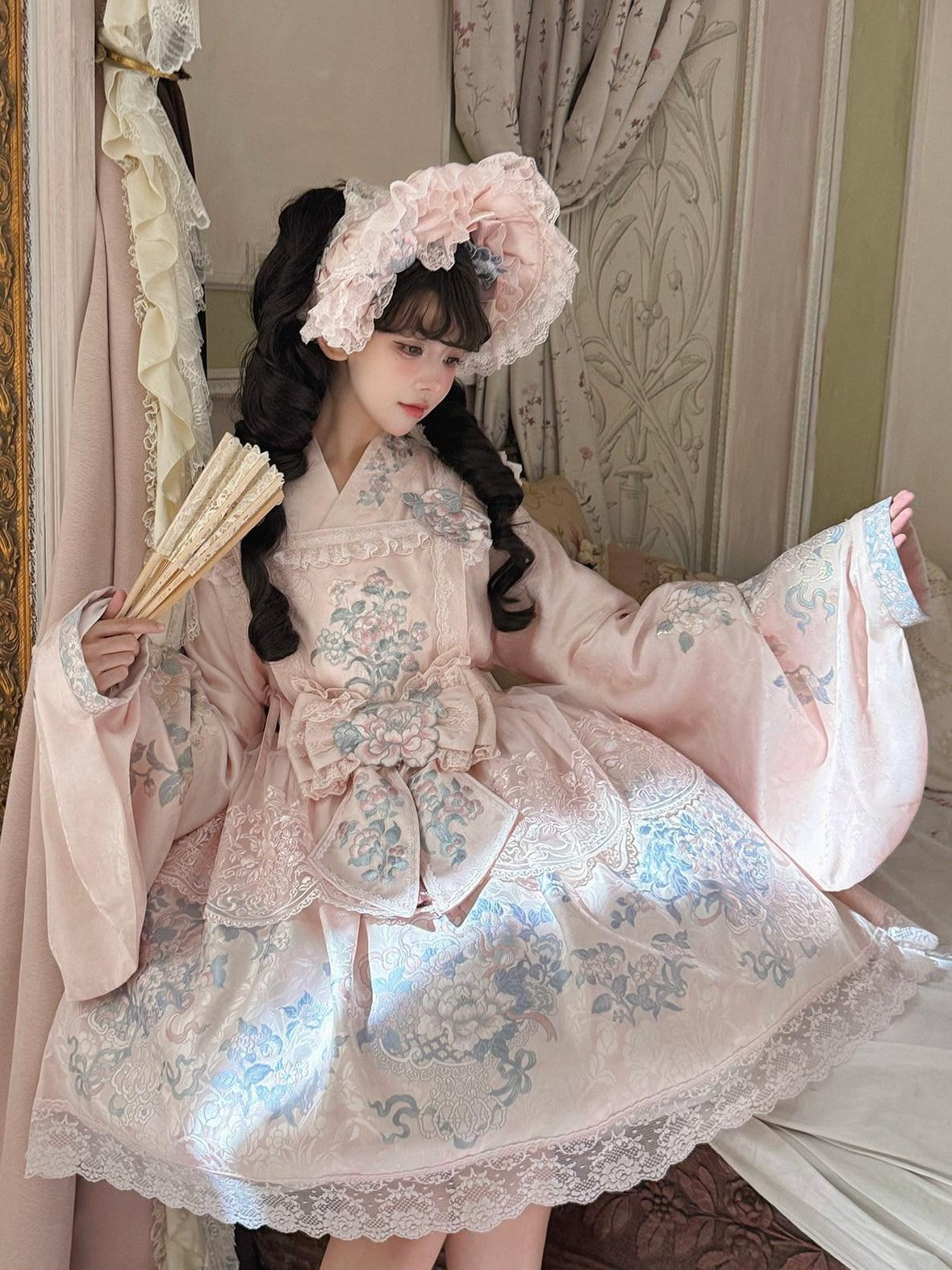 Yi Mu Hu Tao Pink Peony Floral Cross Collar Jacket Overlay Skirt Women's Satin Jsk Sets