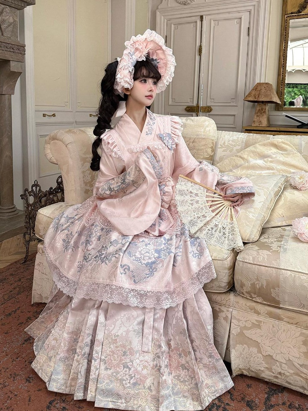 Yi Mu Hu Tao Pink Peony Floral Cross Collar Jacket Overlay Skirt Women's Satin Jsk Sets