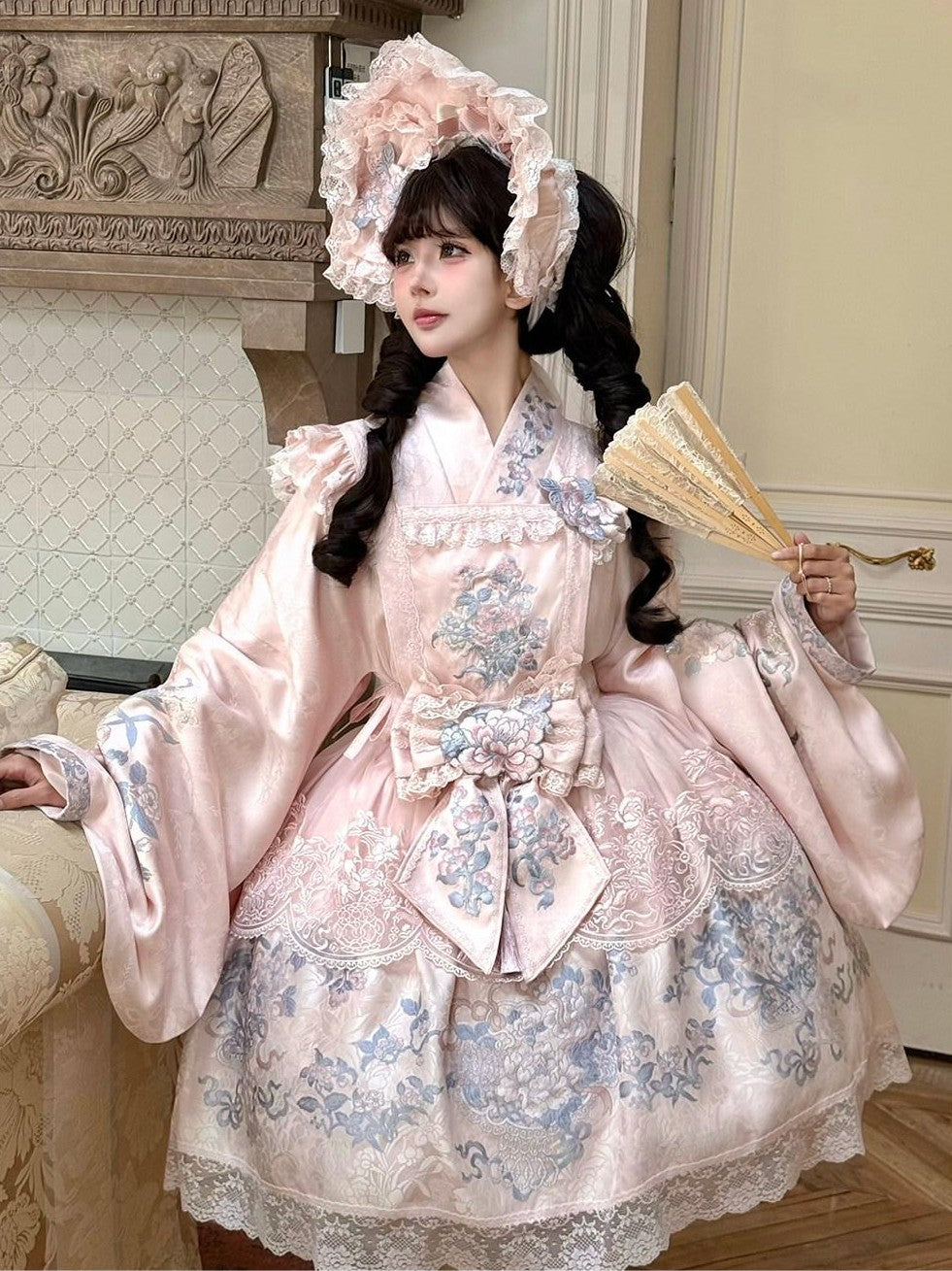 Yi Mu Hu Tao Pink Peony Floral Cross Collar Jacket Overlay Skirt Women's Satin Jsk Sets