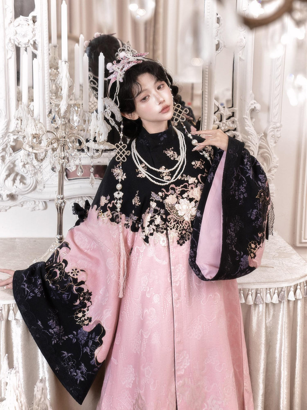Yi Mu Hu Tao Powder Ink Modified Stand Collar Long Coat Women's Brocade Mamian Skirt Sets